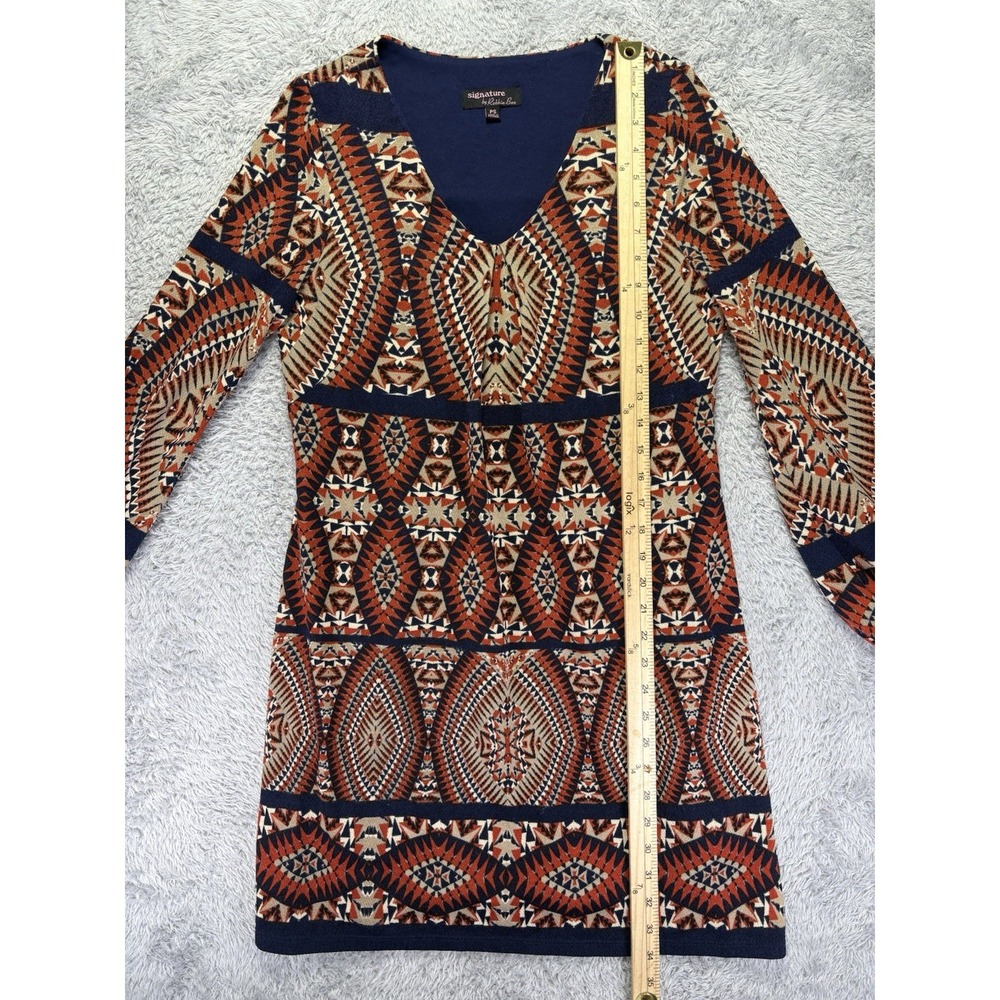 Signature Robbie Bee Petite Small Mini Dress 70's 80's Puff Sleeve Aztec Brown - Picture 7 of 10